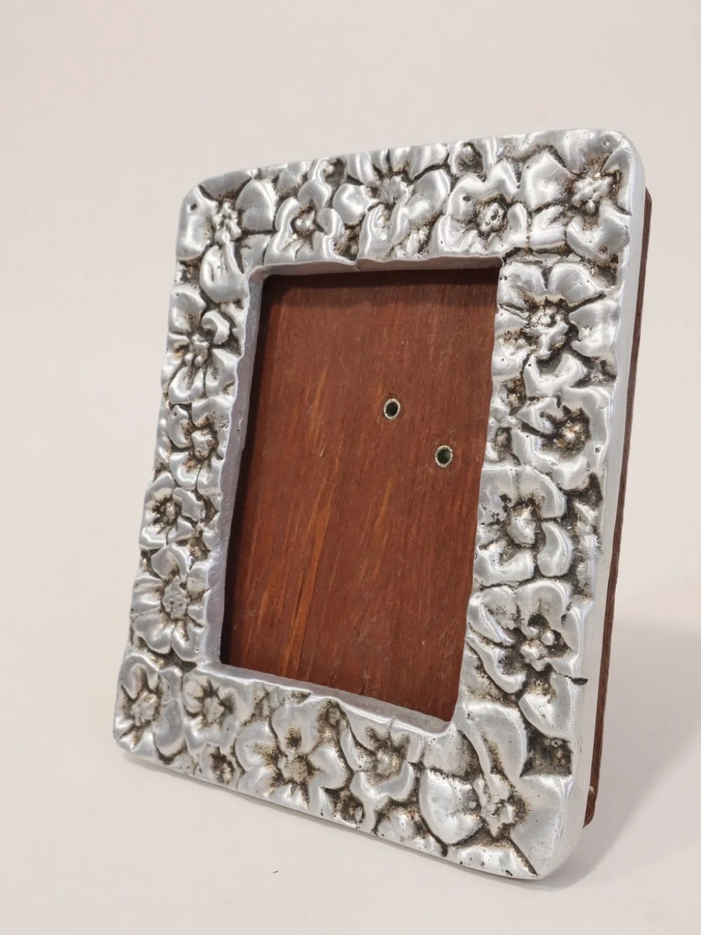 Vintage Mexican Pewter Picture Frame Floral Design Handmade Wood Easel Back 4x5”